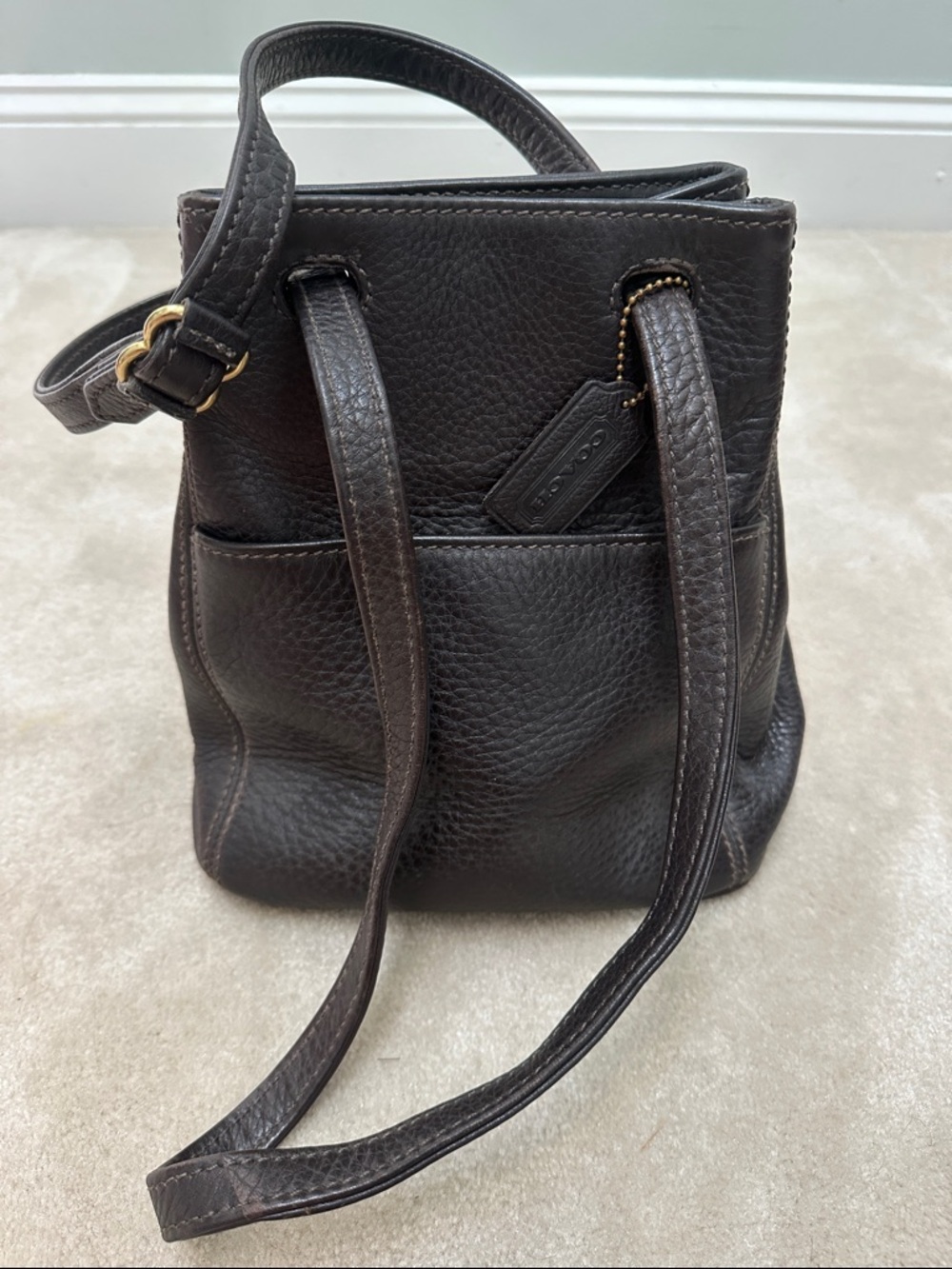 Coach Dark Brown Pebbled Leather Crossbody Bucket Bag